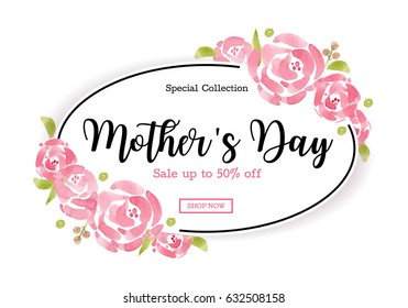 WaterColor Mother's day greeting card with flowers background for for banners,Wallpaper, invitation, posters, brochure, voucher discount.