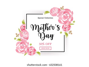 WaterColor Mother's day greeting card with flowers background for for banners,Wallpaper, invitation, posters, brochure, voucher discount.