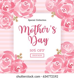 WaterColor Mother's day greeting card with flowers background for for banners,Wallpaper, invitation, posters, brochure, voucher discount.