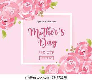 WaterColor Mother's day greeting card with flowers background for for banners,Wallpaper, invitation, posters, brochure, voucher discount.