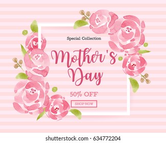 WaterColor Mother's day greeting card with flowers background for for banners,Wallpaper, invitation, posters, brochure, voucher discount.