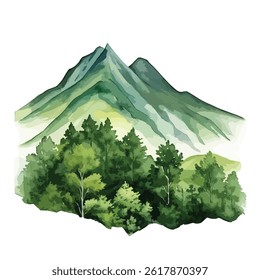 watercolor A mountain range covered in lush green forest	