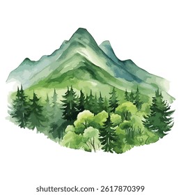 watercolor A mountain range covered in lush green forest	