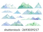 Watercolor mountain vector silhouettes set. Blue and green peaks with watercolor splashes. Ideal for logos, outdoor adventure branding, travel posters and your design