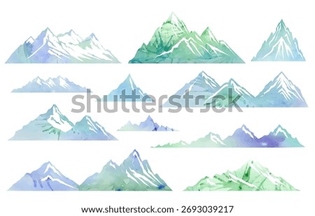 Watercolor mountain vector silhouettes set. Blue and green peaks with watercolor splashes. Ideal for logos, outdoor adventure branding, travel posters and your design