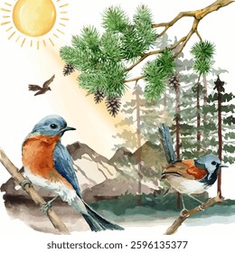 Watercolor Mountain View in sunshine day with lovely birds hand-drawing Vector illustration 