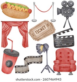 Watercolor Movie Theater Illustration Set Hand Painted Cinema Ticket Popcorn Hotdog Drink Clapper Film Reel Camera Red Curtain Art

