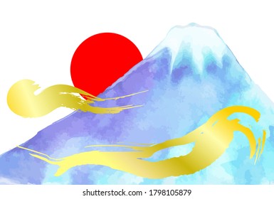 watercolor Mt.Fuji and the Sun Japanese style illustration