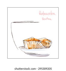 Watercolor muffin with cup, vector