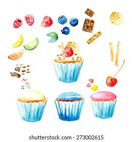 Watercolor muffin set, vector