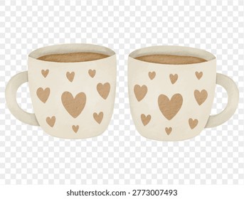 Watercolor mug pair with heart pattern cozy drink illustration isolated object vector.