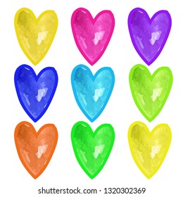 Watercolor multicolor heart set on white background. Love watercolor heart.