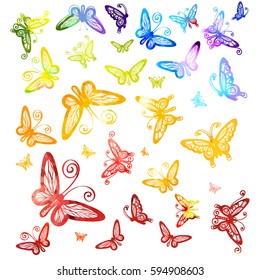 Watercolor multicolored butterflies isolated on white background. Pattern Vector composition of insects. Ink colors.