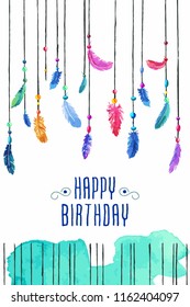 Watercolor multicolored feathers, background for a postcard. Modern stylish graphic background for invitations, cards, postcards, business cards, leaflets, covers, congratulations, posters, banners