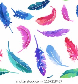 watercolor multicolored feathers. Vector Pattern