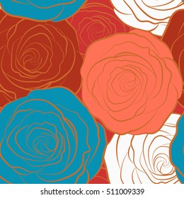 Watercolor multicolored roses seamless pattern. Hand painted sketch with abstract rose flowers. Floral card design.