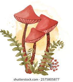 Watercolor Mushroom Vector Art, Hand drawn watercolor mushrooms vector