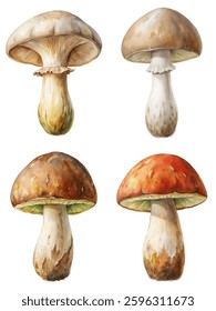 Watercolor mushrooms, botanical illustration, nature art, edible fungi, detailed textures, vibrant colors, artistic style.