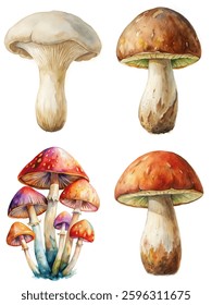 Watercolor mushrooms, colorful fungi, nature illustration, botanical art, forest elements, organic shapes, artistic design.