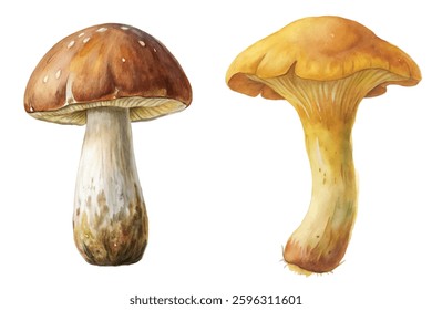 Watercolor mushrooms, realistic botanical illustration, nature art, edible fungi, organic design, food illustration.