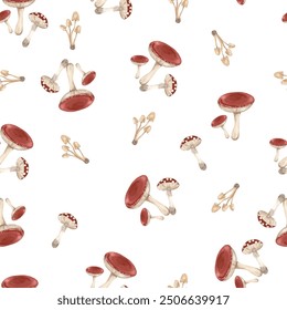 Watercolor mushrooms seamless pattern on a white background Hand drawn illustrations.
