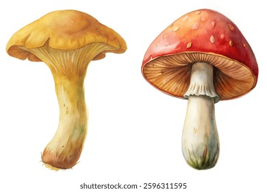 Watercolor mushrooms, vibrant colors, detailed illustration, nature study, botanical art, edible fungi, artistic design.