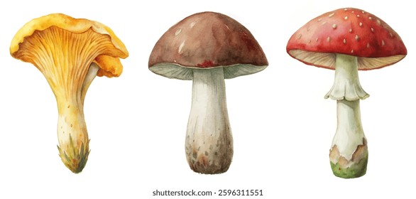 Watercolor mushrooms, vibrant colors, nature illustration, botanical art, edible fungi, artistic design, organic shapes.