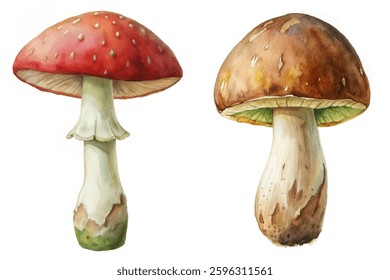 Watercolor mushrooms, vibrant red cap, earthy brown fungi, botanical illustration, nature art, detailed textures, educational use.