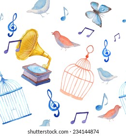 Watercolor music and birds pattern. Seamless texture with cages, gramophone, birds and butterfly. Hand drawn vintage background in vector.