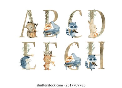 Watercolor musical animals vector letters for invitation card, nursery poster and other.