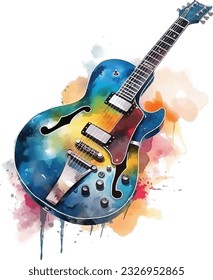 Watercolor Musical Guitar on white background