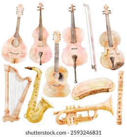 Watercolor Musical Instruments Illustration Set - Hand-Painted, Soft Beige Aesthetic - Violin, Guitar, Harp, Saxophone, Trumpet, Flute, Classical and Jazz Music, Vector Illustration