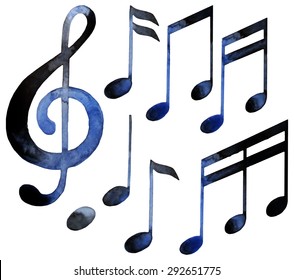 Watercolor musical notes. Vector design elements isolated on white background