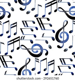 Watercolor musical notes. Vector pattern