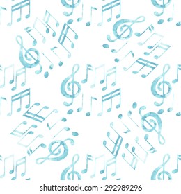 Watercolor musical notes. Vector pattern