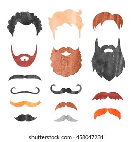 Watercolor mustache, beard and haircut set. Birthday party men photo booth props. Vector illustration.