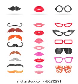 Watercolor mustache, lips and sunglasses set. Birthday party photo booth props. Vector illustration.