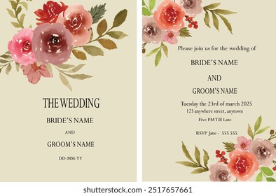 watercolor muted rose wedding invitation vector