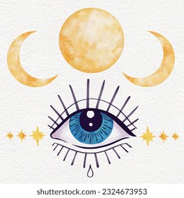 Watercolor mystical moons and seeing eye elements	