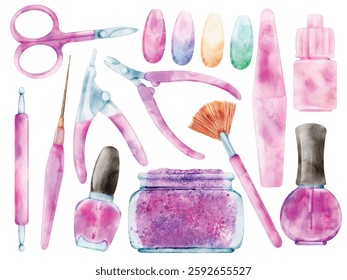 Watercolor Nail Art and Manicure Tools Illustration Set - Hand-Painted, Realistic, Beauty Style - Nail Polish, Nail File, Cuticle Pusher, Tips, Scissors, Vector Illustration