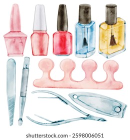 Watercolor Nail Care Illustration Set, Hand Paint, Realistic, Manicure, Pedicure, Nail Polish, Nail File, Cuticle Nipper, Toe Separator, Beauty Tool, Self Care, Salon Equipment, Cosmetic Accessory
