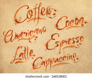 Watercolor names of different kinds of coffee lettering latte, cappuccino, americano, espresso, cocoa on kraft paper