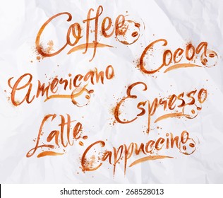 Watercolor names of different kinds of coffee lettering latte, cappuccino, americano, espresso, cocoa on crumpled paper