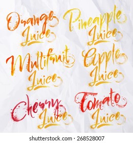 Watercolor names of different kinds of juice lettering multifruit, tomato, orange, pineapple, cherry, apple on crumpled paper