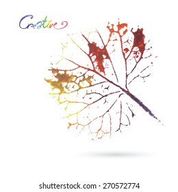 Watercolor natural leaf made in the original technique. Eco logo, creative work. Isolated object on a white background. Painted by hand. 