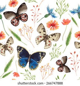 Watercolor natural pattern with field herbs and butterfly. Seamless texture with floral and herbal elements, spikelet, various butterfly. Vector hand drawn background