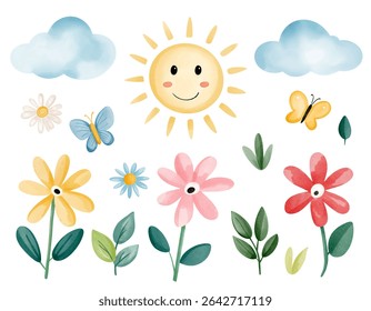 Watercolor nature elements in cute kids style for summertime design, featuring sunny and clouds, flowers