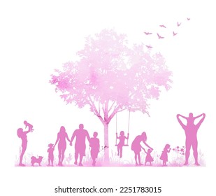 Watercolor nature and family silhouettes. Pink landscape with people. Vector illustration