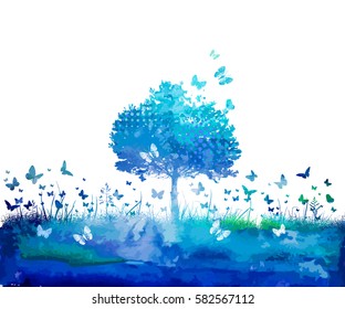 Watercolor Nature tree and butterflies. Vector