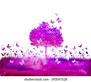 Watercolor Nature tree and butterflies. Vector